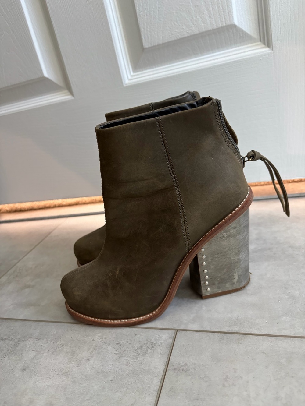 Jeffrey Campbell Olive Green Suede Chunky Heel Ankle Boots